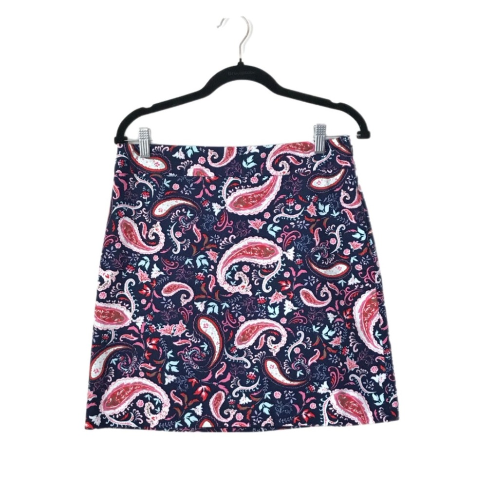 Talbots Navy Blue Paisley Cotton Blend A-Line Mini Skirt Size 4 Preppy Golf